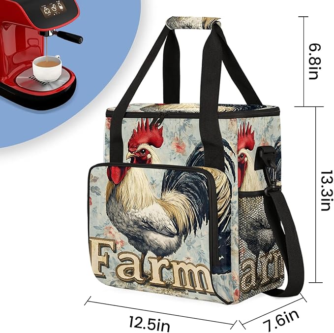Roosters And Chickens Coffee Maker Travel Bag Flower Insulated Grocery Bag Travel Picnic Leakproof Cooler Bags With Shoulder Strap