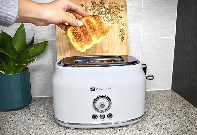 Frigidaire ETO102-WHITE 2 Slice Toaster Retro Style Wide Slot for Bread English Muffins Croissants and Bagels 5 Adjustable Toast Settings Cancel and Defrost 900w White