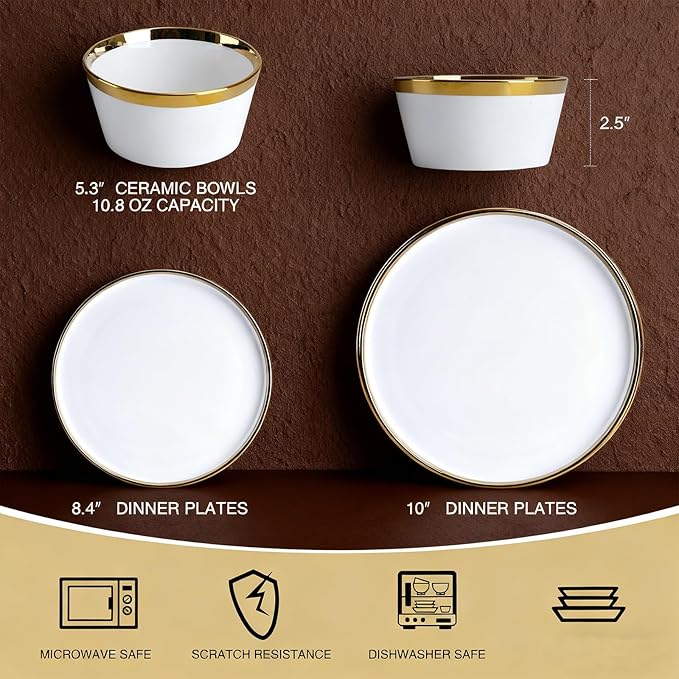12 Pieces white and Gold Porcelain Dinnerware Set Plates and Bowls | Dinner and Salad Plates Ramen Bowls Dishes for 4 | Chip and Crack Resistant | Dishwasher &amp Microwave Safe Dishes Set