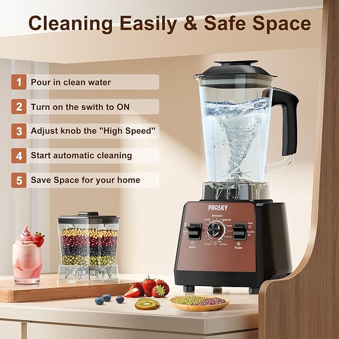 Blenders for Kitchen Smoothie Blender 2400W/1000W Prasky Blender &amp Grinder Combo 25000 RPM High Speed 68oz BPA-Free Food Processor Countertop Blender for Smoothies Shakes &amp Food (Brown