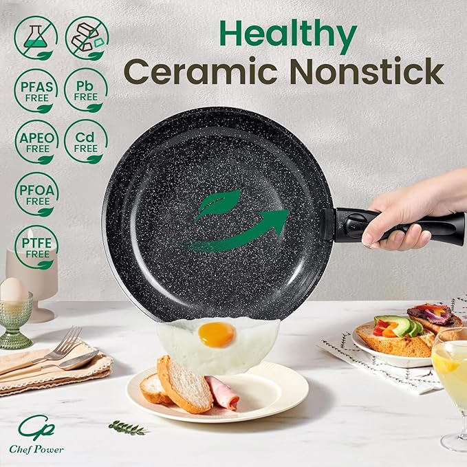 Chef Power Ceramic Nonstick Cookware Set 19 Piece with Detachable Handle Induction Dishwasher Oven Safe Pans and Pots Set RV Kitchen Set Removable Handle Rock Stone Black