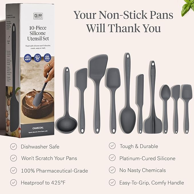 GIR: Get It Right 10 Piece Silicone Essentials Kitchen utensils set - Ladle Spatula Flip Spoon &amp Spoonula - Non toxic cooking utensils for Nonstick Cookware Cooking and Baking - Charcoal