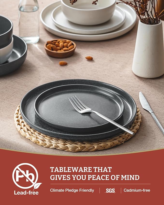 Famiware Milkyway Plates and Bowls Sets 12 Pieces Dinnerware Sets Reactive Glaze Dish Set Stoneware Dishes Set for 4 Matte Beige White &amp Matte Dark Charcoal