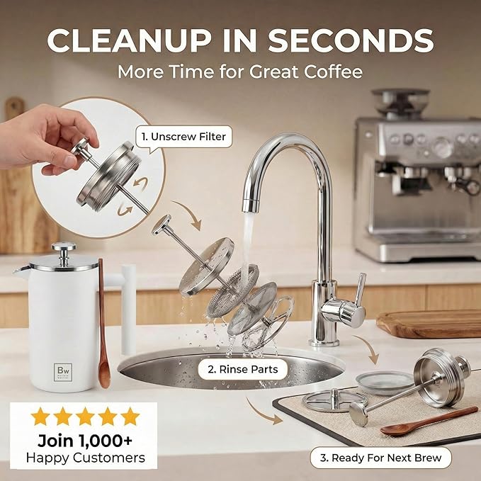 Barista Warrior French Press Coffee Maker Stainless Steel with Built-In Thermometer - Insulated Double Wall Design Dual Filter System Stay-Cool Handle &amp Wood Spoon - White
