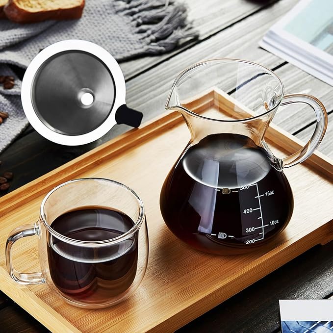 Unbreakable - Pour Over Coffee Maker with Double Stainless Filter 17oz Thickened Heat-Resistant Borosilicate Glass Dripper Coffee Pour Over Stovetop Safe
