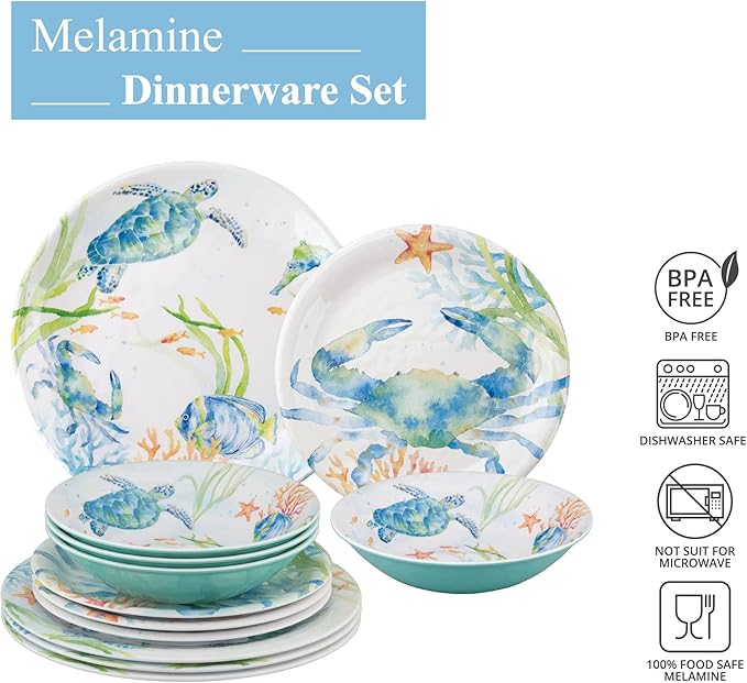 UPware 12 Piece Sea Life Serenade Melamine Dinnerware Sets Outdoor Dishes Set Plates and Bowls Sets Service for 4 Blue
