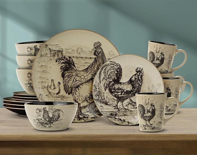 Pfaltzgraff Homespun Rooster 16-Piece Dinnerware Set Service for 4 Brown