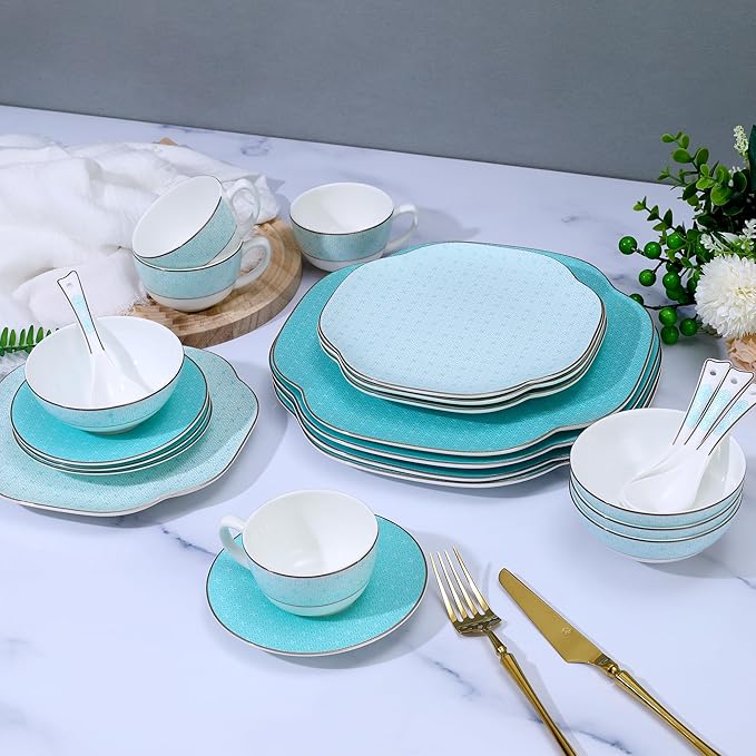 Ceramic Dinnerware Sets for 4 24 Pieces Bone China Plates and Bowls Set with Silver GridScratch Resistant Stoneware Dishes Set with MugsDishwasher &amp Oven Light Blue