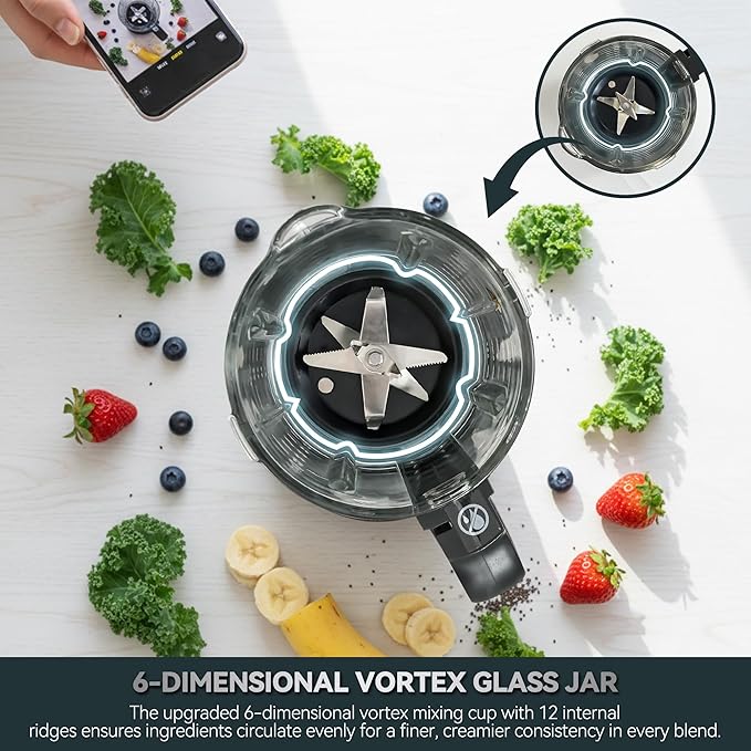 Glass Blenders for Kitchen – Stainless Steel Professional Blender for Smoothies 1500W Motor Food Processor Combo 9 Adjustable Speeds 14 Preset Programs BPA-Free Glass Jar blender Nut Milk Soups
