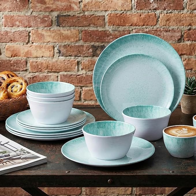 Melamine Dinnerware Set – 4 Dinner Plates 4 Salad Plates 4 Cereal Bowls – Shatterproof Lightweight &amp Stylish for Everyday Dining Outdoor Camping and RV Use
