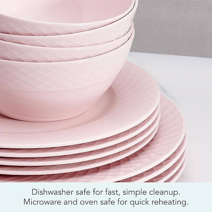 Miksa Trellis Pink Bone China Chip Resistant Lightweight 12 Piece Dinnerware Set Service for 4