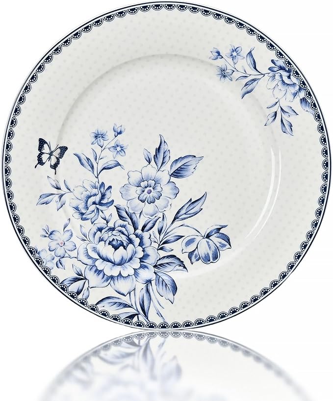 24-Piece Bone China Dinnerware Set in Gift Box Service for 6 Porcelain Dinnerware Tropical Dishes Set - Dinner Plates Dessert Plates Cereal Bowls Mugs (Vintage Indigo)