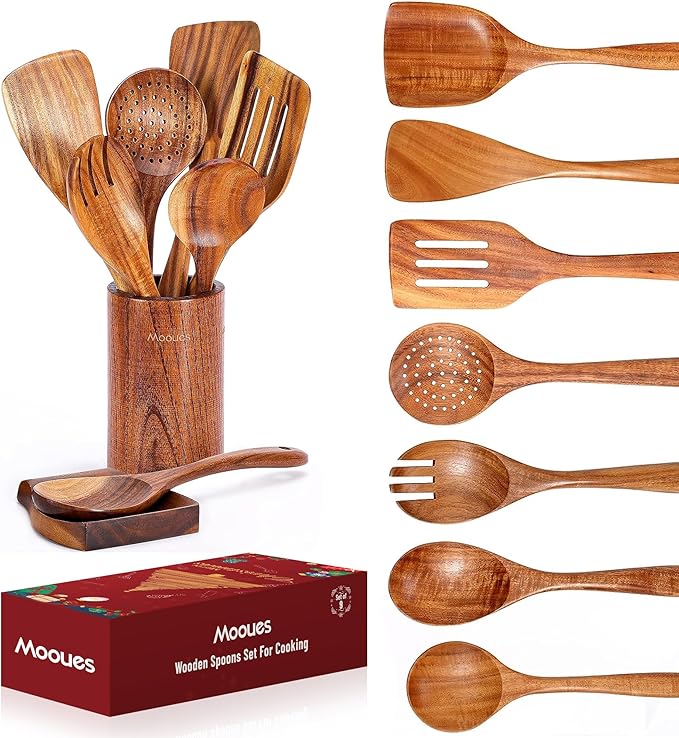 Wooden Spoons for Cooking Wooden Utensils for Cooking Natural Teak Wooden Kitchen Utensils Set Comfort Grip(9 PCS Xmas Gift)