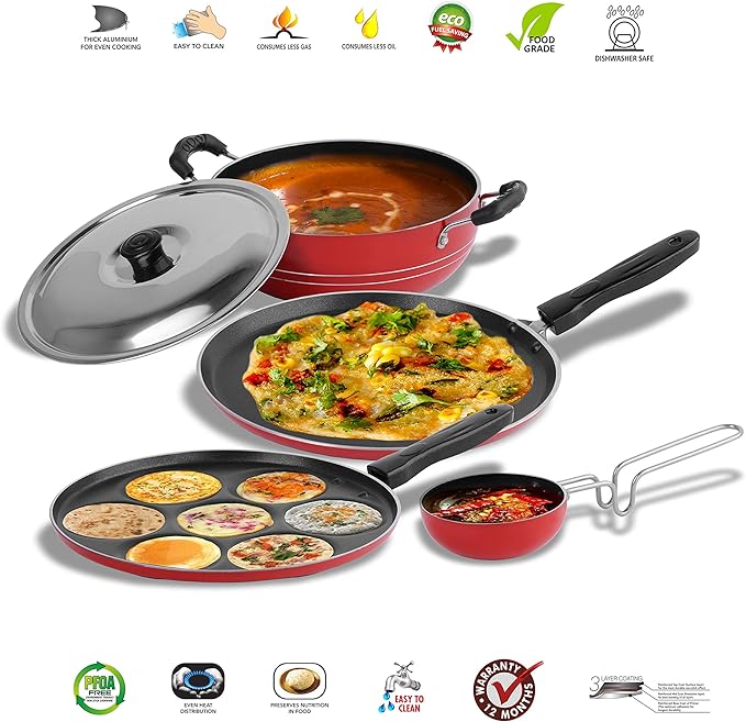 Sumeet 2.6mm Thick Non-Stick Ronga Cookware set (Dosa Tawa – 26.5cm Dia + Multi snack maker – 26.5cm Dia + Kadhai With Lid – 1.5Ltr capacity- 20cm Dia + Tadka Pan – 10cm Dia)