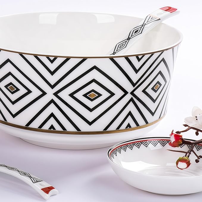Fine Bone China Dinnerware SetPorcelain&ampCeramic Dinnerware SetsBone Stoneware &amp Ceramic Cookware Tableware Set Includes Dinner Plates|Spoons|Pasta Bowls|Soup Pot|Chopsticks (29PCS * 6-Person