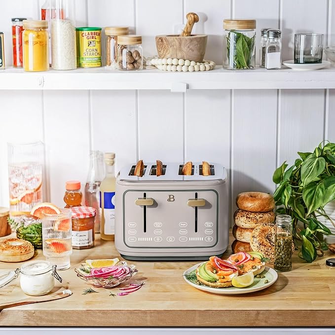4 Slice Toaster with Touch Control Panel 1800W Fast Heating 7 Toast Shade Levels Extra Wide Slots for Bagels Removable Crumb Tray (Porcini Taupe)
