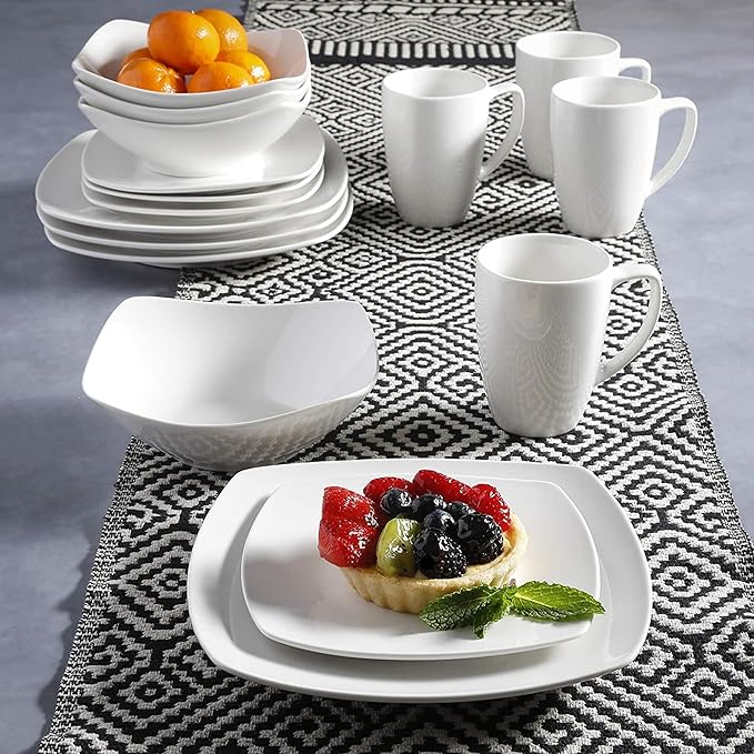 Gibson Home 102539.16RM Classic Porcelain Zen Buffet 16 Piece Square Dinnerware Set with Multi Sized Plates Bowls and Mugs White (2 Pack)
