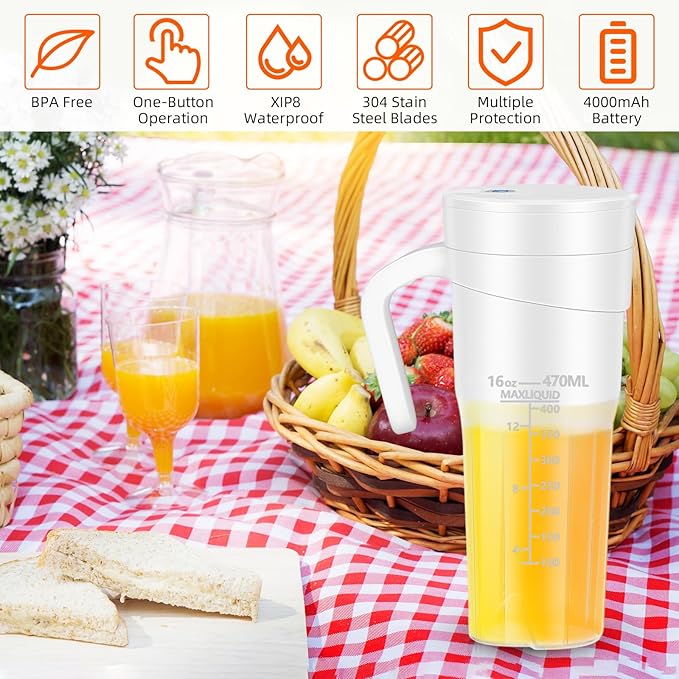 Portable Blender for Shakes and Smoothies: Travel Blender16 Oz Mini Blender with 6 BladesUSB Rechargeablefor Making Fresh Juice Convenient for Travel and Sports