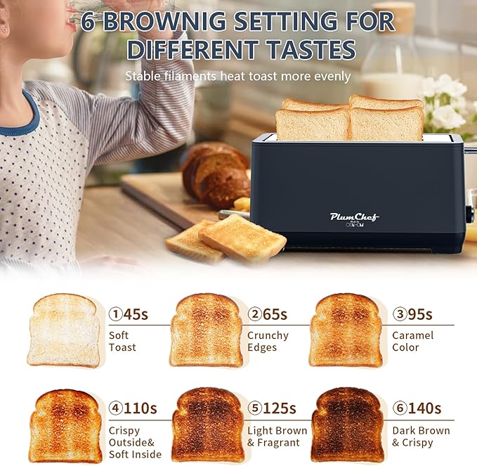Toaster 4 Slice Extra Wide Long Slot Toaster with Warming Rack 6 Browning Settings Defrost/Reheat Functions Removable Crumb Tray Stainless Steel Housing 1350W Toasters for Toast Matte Blue