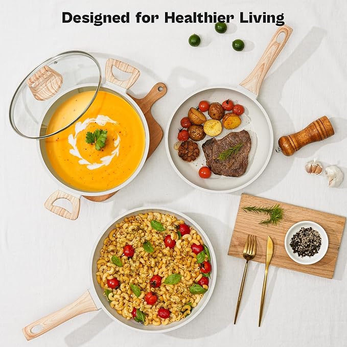 13 Pcs Pots and Pans Set Nonstick Cookware Sets White Granite Induction Cookware Non-toxic Healthy Non stick Kitchen Cooking Set with Frying Pans Set Saucepans (PFAS/PFOA/PFOS Free)