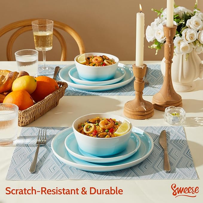 Sweese Porcelain Dinnerware Sets Handpainted Plates and Bowls Set for 6 Scratch Resistant Dinner Set Dishwasher and Oven Microwave Safe Dishes Set Blue