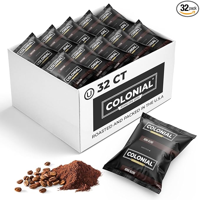 Colonial Coffee 32 Count Single Pot Coffee Packets – 100% Arabica Hawaiian Kona Medium Roast | Pre-Measured Frac Packs for 12 Cup Maker | Bulk Ground Gourmet Coffee for Home &amp Office