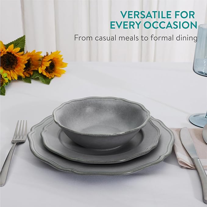 Navaris Scandi Style Porcelain Dinnerware Set - Ceramic Crockery Sets for 4 - Stackable Dishes with Dinner and Salad Plates Cereal Bowls - Dishwasher &amp Microwave Safe - 12pcs Grey