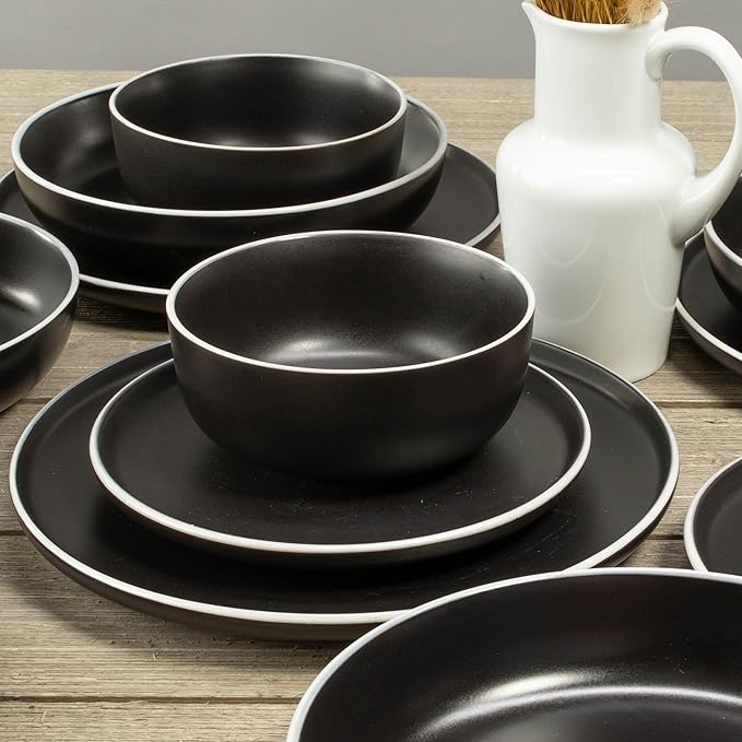BIA Cordon Bleu Stoneware Tempo 16-Piece Dinnerware Set Double Bowl Onyx