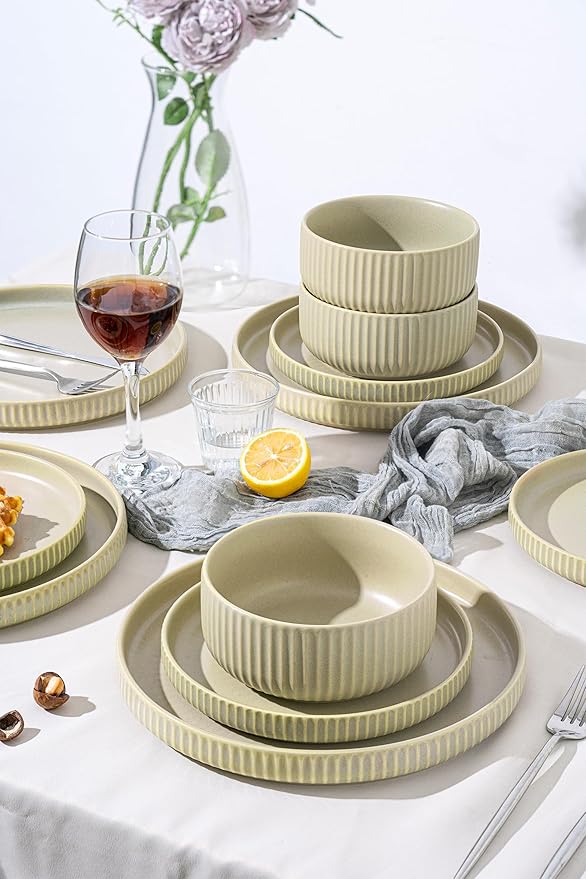 24 Piece Green Dinnerware SetCeramic Plates and Bowls Set for 8 – Calm Dish Set for Soft Gatherings Wellness Homes &amp Easy Eleg