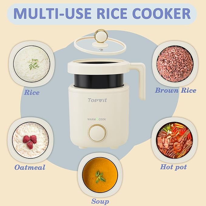 TOPWIT Rice Cooker Small Mini Rice Cooker 2 Cups Uncooked 1.2L Portable Rice Maker with Non-stick Coating BPA Free One Touch &amp Keep Warm Function Beige