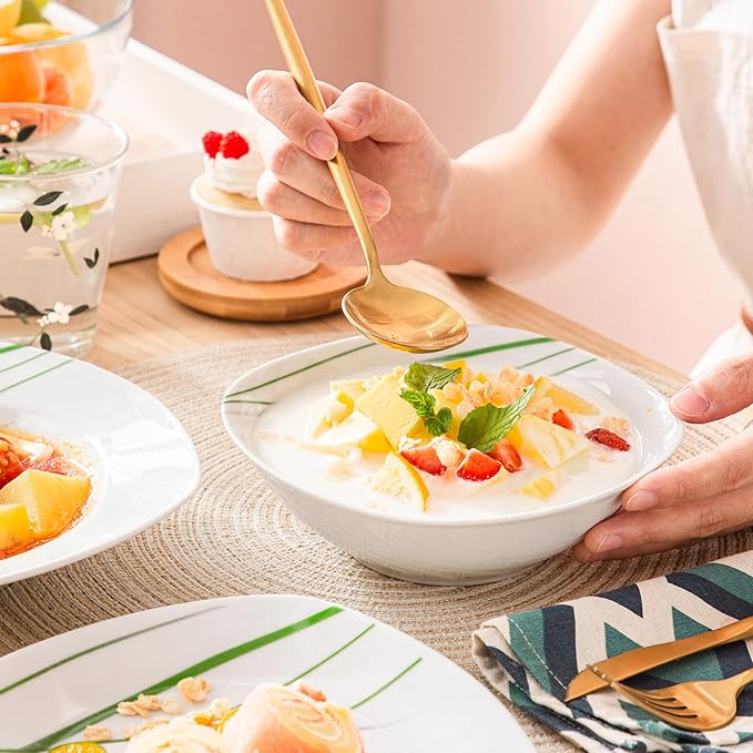 VEWEET Aviva 48-Piece Ceramic Ivory White Tableware Set with Green Stripe Patterns Includes Dinner Dessert Soup Plates for 12