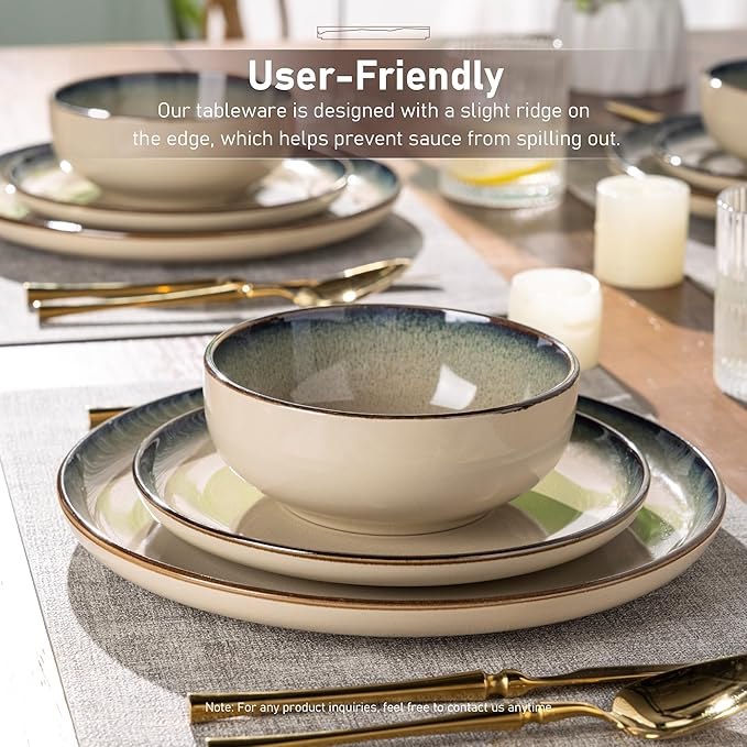 GBHOME Ceramic Dinnerware Sets for 6 18 Pieces Stoneware Plates and Bowls Sets Reactive Glaze Dishes -Scratch Resistant Dishwasher&ampMicrowave SafePale Khaki