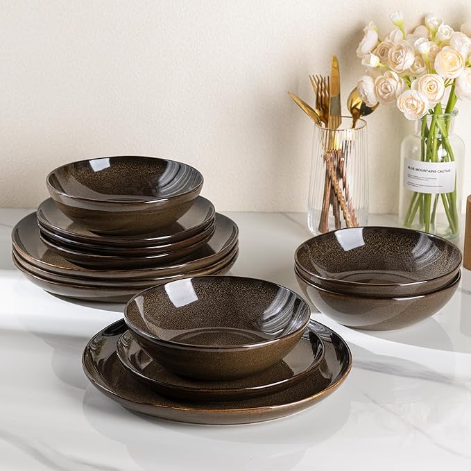 AmorArc Ceramic Dinnerware SetsHandmade Reactive Glaze Stoneware Plates and Bowls SetsHighly Scratch Resistant | Dishwasher &amp Microwave Safe Dishes SetService for 4 (12pc)