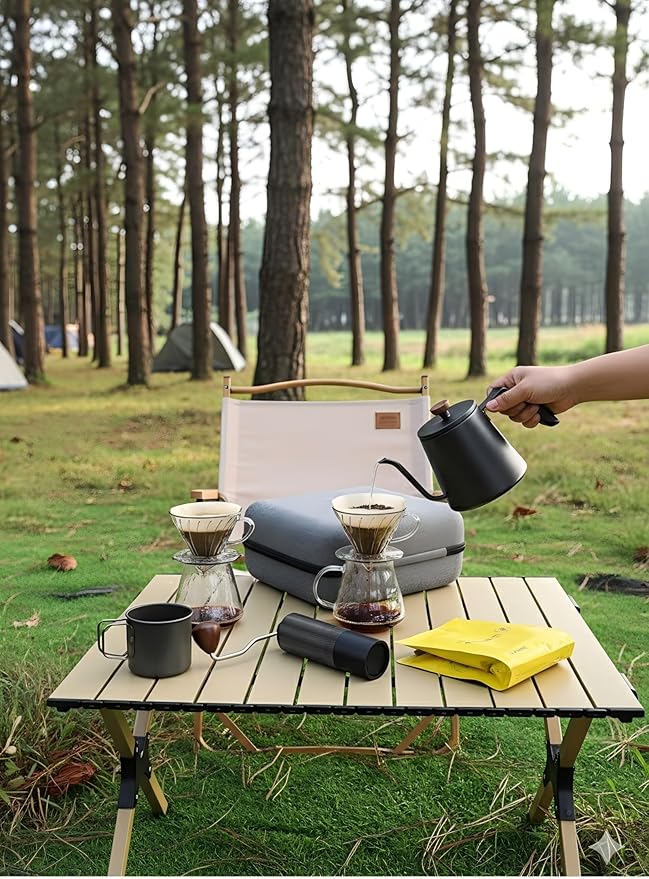Pour Over Coffee Maker SetAll in One Travel Coffee Kit with Manual Burr Grinder Stainless Steel Mug &amp Reusable Filter - Complete Coffee Dripper Set for Camping Hiking &amp Office