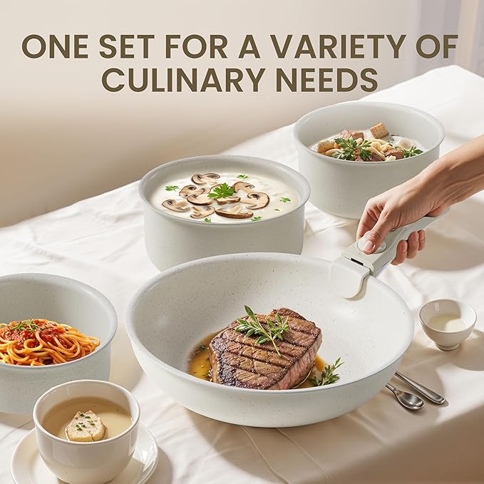 HealSmart 12 Pcs Pots and Pans Set Non-Stick Cookware Set with Detachable Handles Beige Granite Texture Resistant to High Temperatures Oven Safe PFAS and PFOA Free