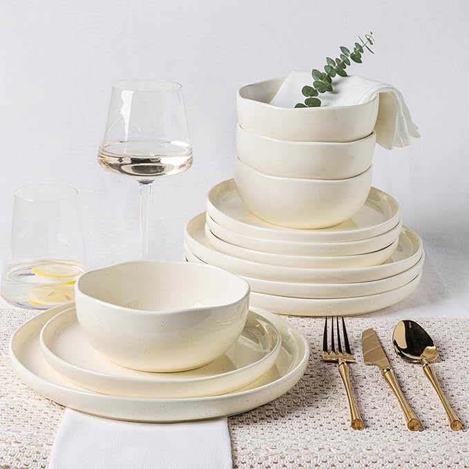 TheTerra Ceramic Dinnerware Sets for 4 12 Pieces Porcelain Lightweight Plates and Bowls Sets Scratch Resistant Dish Set Oven &amp Microwave &amp Dishwasher Safe Beige Speckled