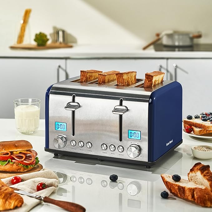 Roter Mond Countdown Stainless Steel 4 Slice Toaster with Bagel Defrost Cancel Function Dual Toaster Extra Wide Slots 6 Shade Settings Removable Crumb Trays 1650W Blue