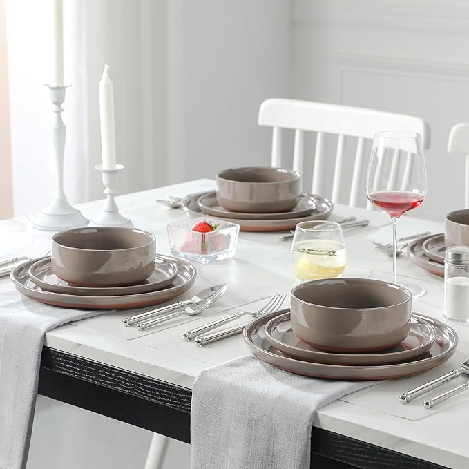MALACASA Plates and Bowls Sets 24 Pieces Modern Ceramic Dinnerware Set for 8 Kitchen Dinner Set Stoneware Dishware Dishes Set Microwave and Dishwasher Safe Brown Series TARA