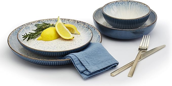 Tabletops Gallery Speckled Farmhouse Collection- Stoneware Dishes Service for 4 Dinner Salad Appetizer Dessert Plate Bowls 16 Piece Jura Embossed Dinnerware Set in Smoky Blue