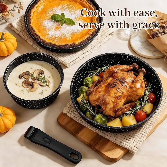 Pots and Pans Set - 25-Piece Non Stick Cookware Set Pots and Pans with Detachable Handles Includes Pans Pots Utensils Trivets for Hot Dishes Lids Space-Saving Cookware