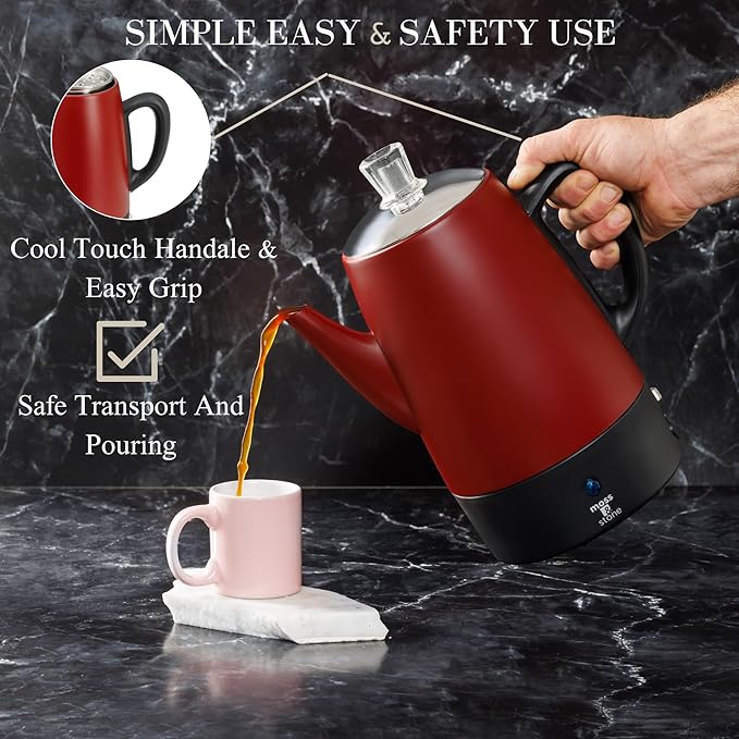 Moss &amp Stone Electric Coffee Percolator – Red Body Coffee Maker with Stainless Steel Lid Percolator Electric Pot Fast Boil 10 Cup Red Camping Coffee Pot