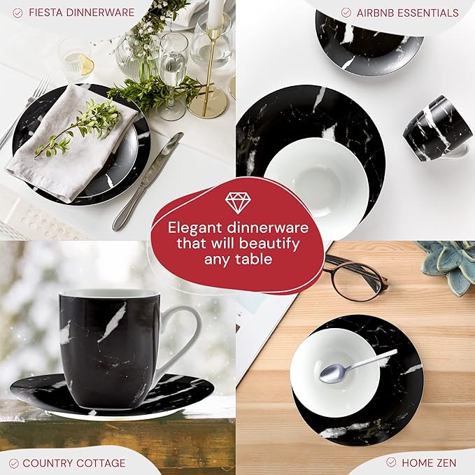 Safdie &amp Co. - Black Marble 16-Piece Dinnerware Set Porcelain Modern Dishwasher Safe