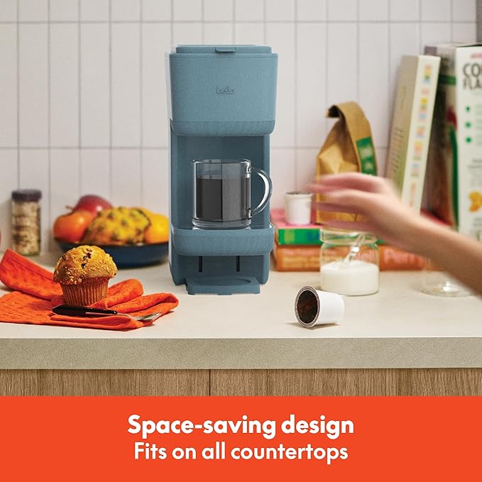 BELLA Single Serve Coffee Maker K Cup &amp Coffee Ground Compatible with Removable Adjustable Drip Tray Auto Shutoff &amp Reusable Dishwasher Safe Accessories Brews 6oz to 14oz 1000 Watt Surf