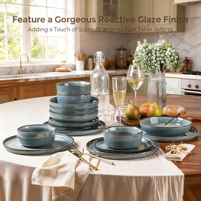 GBHOME Ceramic Dinnerware Sets for 4 12 Pieces Stoneware Plates and Bowls Sets Reactive Glaze Dishes -Scratch Resistant Dishwasher&ampMicrowave Safe Space Blue