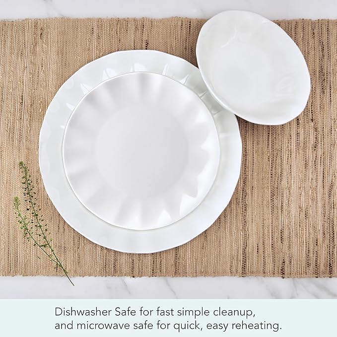 Mikasa Elodie Scalloped 12 Piece Bone China Durable Chip Resistant Lightweight Dinnerware Set Service for 4 White
