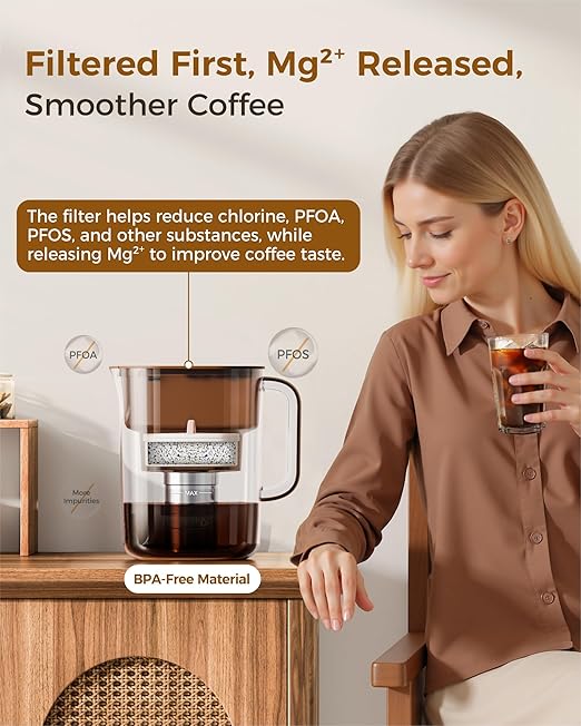 Waterdrop Cold Brew Coffee Maker with 1 Magnesium Water Filter for Well-Balanced Acidity Unlocks Aroma BPA-Free Cold Brew Pitcher Stainless Steel Filter for Iced Coffee Tea Lemonade Brown