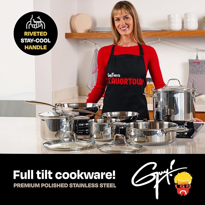 Guy Fieri's Flavortown 10-Piece Stainless Steel Cookware Set - Includes Frying Pans Saucepans Saute Pan and Stock Pot - Pots and Pans Oven-Safe up to 500F