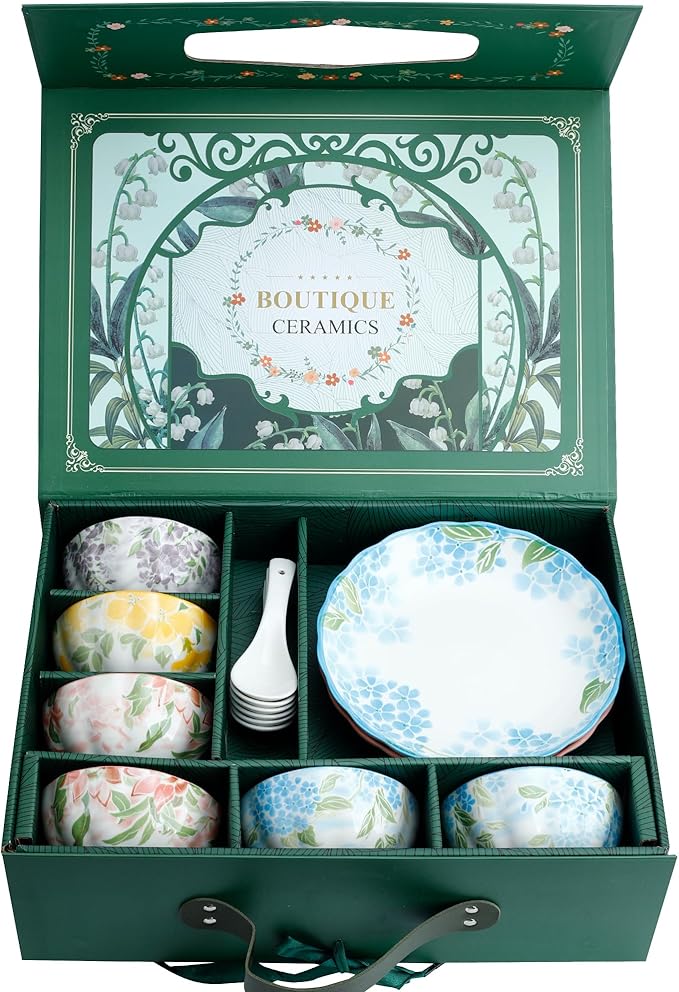 White &amp Blue Floral Porcelain Dinnerware Set 14-Piece Plates &amp Bowls Sets Microwave &amp Dishwasher Safe Elegant Gift Packaging