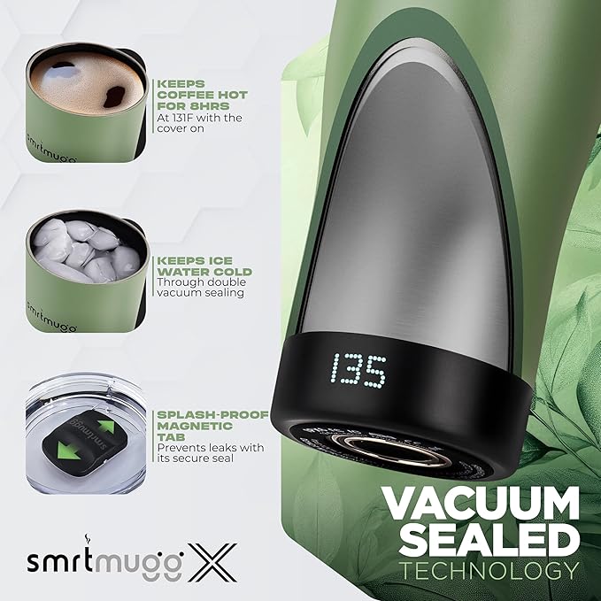 X Heated Coffee Mug 19 oz. 8 Hour Battery Life Self-Heating Adjustable Temp Controlled LCD Screen Includes Cover with Magnetic Slider (Black) (Sage Green)
