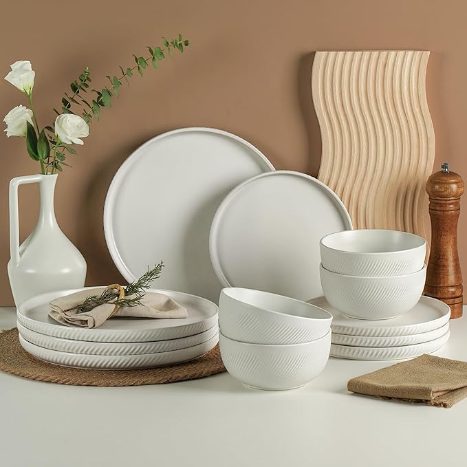 Earthsong Dinnerware Sets for 4 12-Piece Ceramic Plates and Bowls Set Dishwasher and Microwave Safe Stoneware Dishes Set Ribbed Snowcrest White